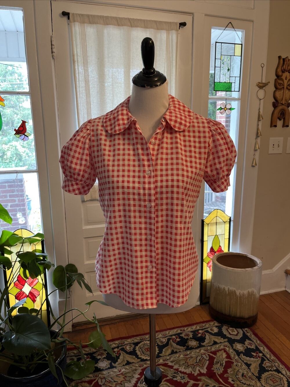 Vintage Permanent Press 36 Gingham Sleeveless Button Down Classic Shirt S 70s